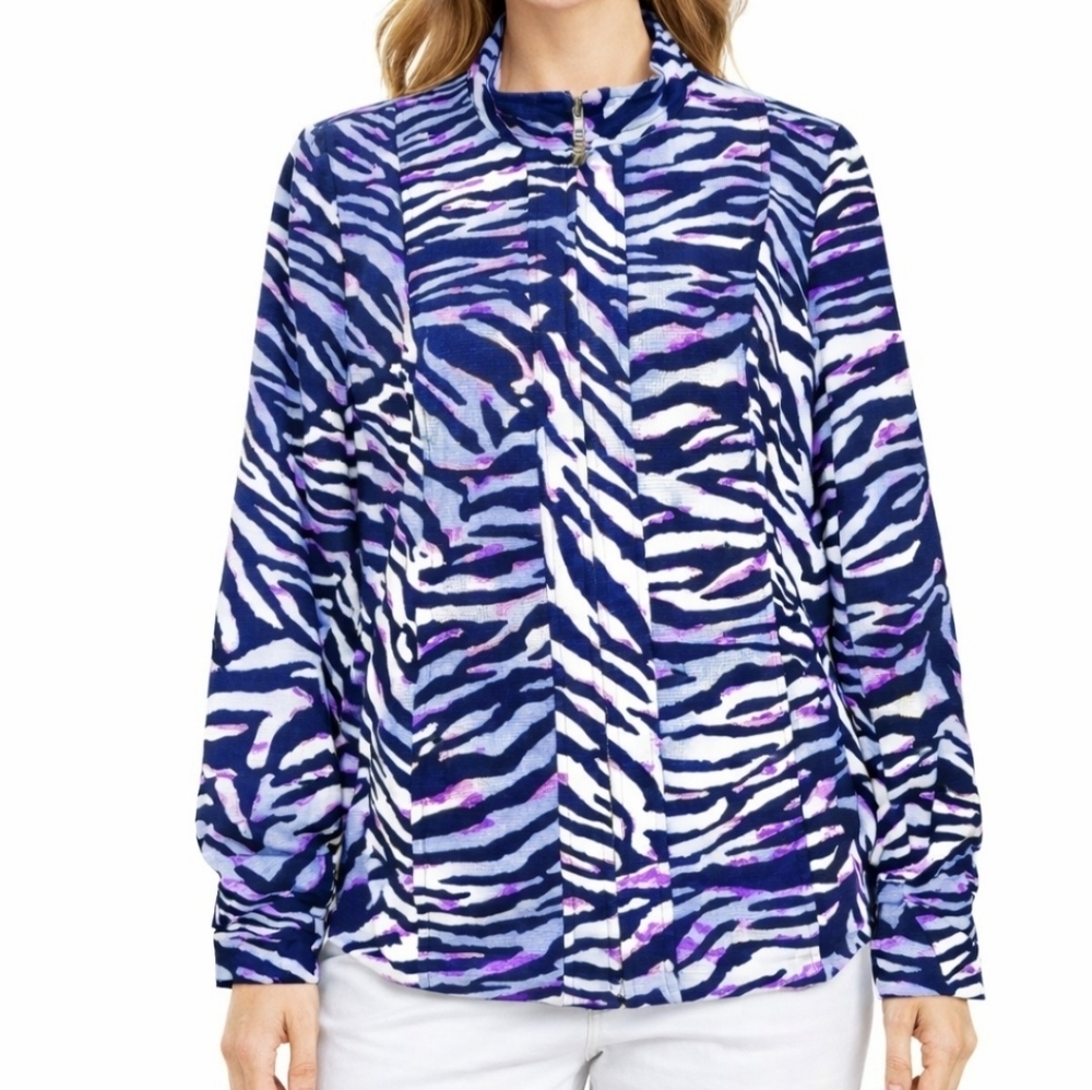 Susan Graver Women’s Zip Front Jacket Size Medium Zebra Print Purple Navy Lined